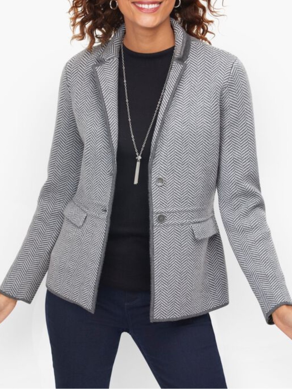 TALBOTS Women's XL Gray Herringbone Button Jacket Sweater Open Cardigan